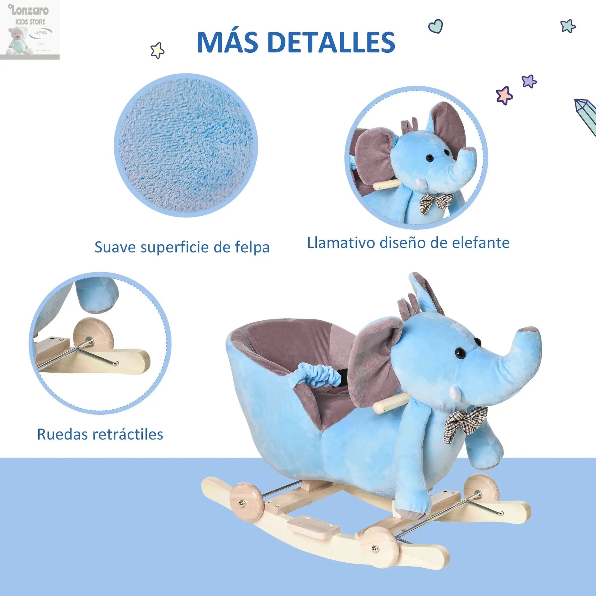 HOMCOM Rocker with Elephant Shaped Wheels 60x35x45 cm Blue Lonzaro Kids