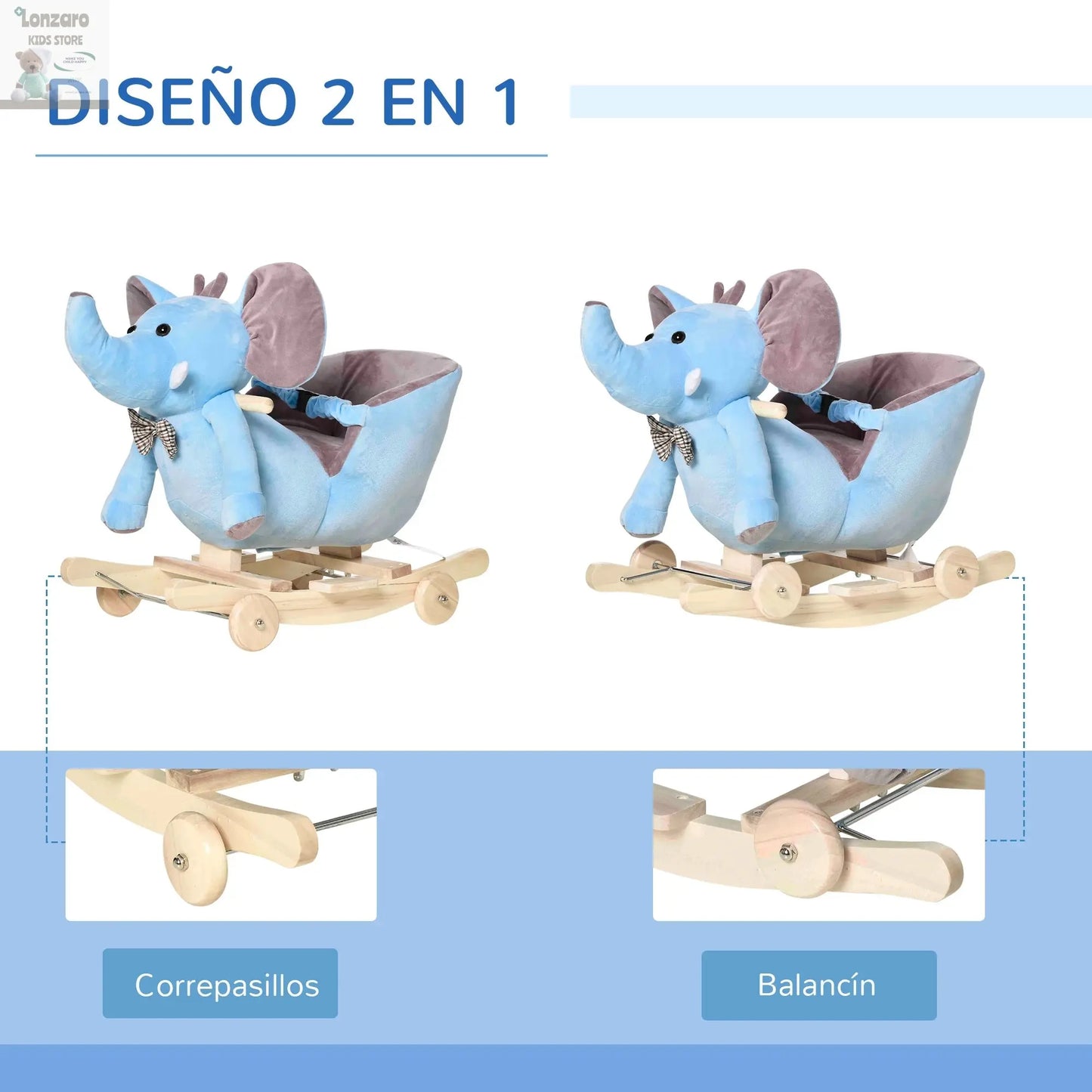 HOMCOM Rocker with Elephant Shaped Wheels 60x35x45 cm Blue Lonzaro Kids