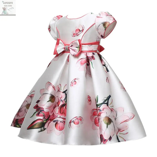 Hetiso Satin Cute Girls Birthday Floral Print Dresses Flower Bow Children's Clothing Casual Princess Party Clothes 3-10T Lonzaro Kids