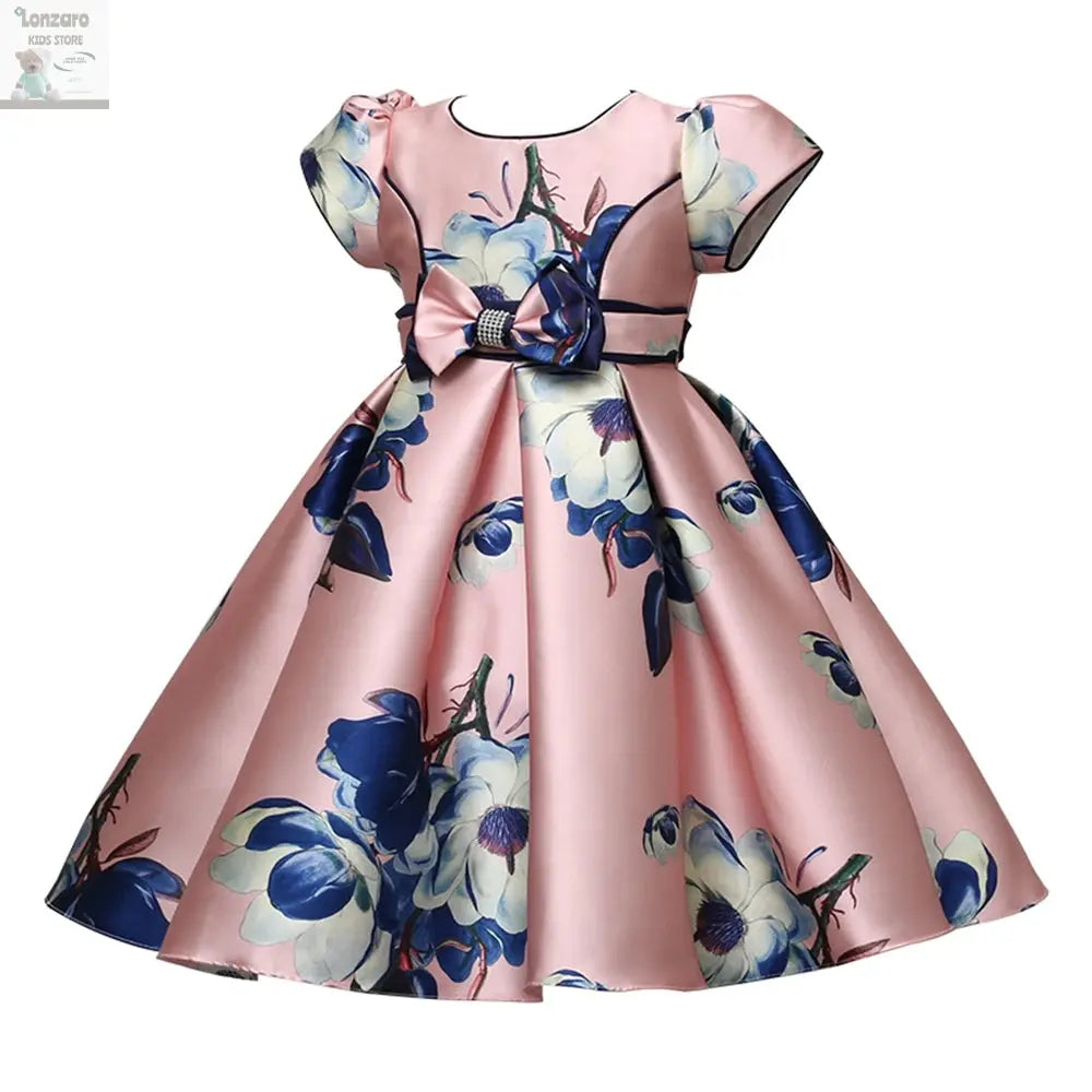 Hetiso Satin Cute Girls Birthday Floral Print Dresses Flower Bow Children's Clothing Casual Princess Party Clothes 3-10T Lonzaro Kids