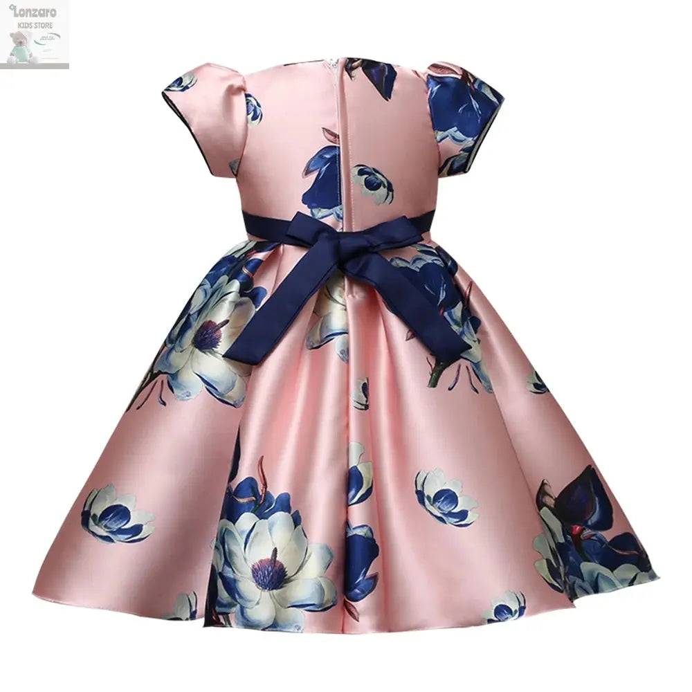 Hetiso Satin Cute Girls Birthday Floral Print Dresses Flower Bow Children's Clothing Casual Princess Party Clothes 3-10T Lonzaro Kids