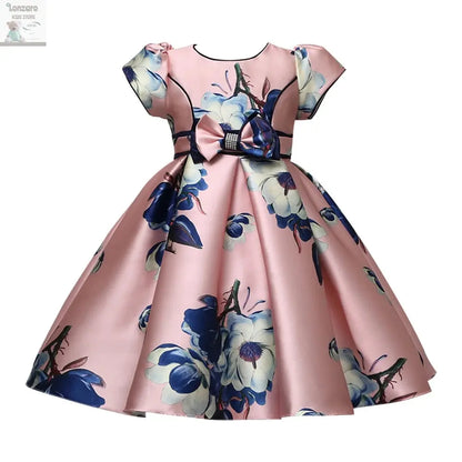 Hetiso Satin Cute Girls Birthday Floral Print Dresses Flower Bow Children's Clothing Casual Princess Party Clothes 3-10T Lonzaro Kids