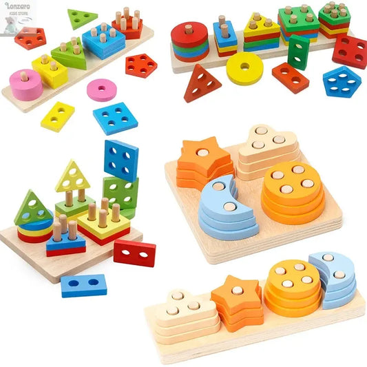 Montessori Wooden Educational Toys for Children 1 2Y Baby Shape Color Sorter Block Puzzles Toddler Large Geometric Stacking Toys Lonzaro Kids