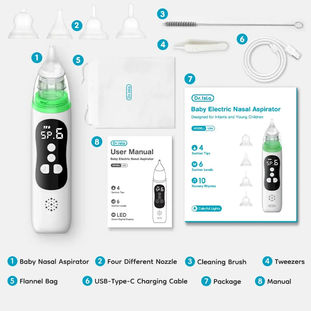 Dr.isla Baby Electric Nasal Aspirator Nose Suction Device with Food Grade Silicone Mouthpiece 6 Suction Modes and Soothing Music Lonzaro Kids