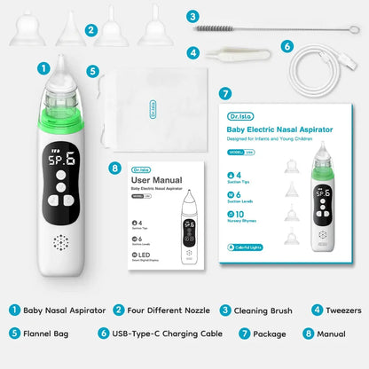 Dr.isla Baby Electric Nasal Aspirator Nose Suction Device with Food Grade Silicone Mouthpiece 6 Suction Modes and Soothing Music Lonzaro Kids