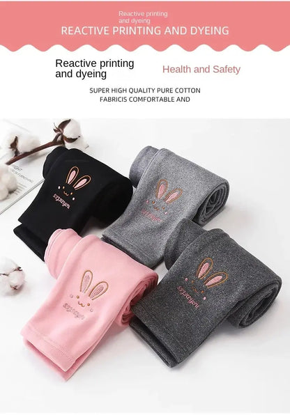 Autumn Winter Baby Girls Leggings Thick Warm Cute Rabbit Pants Kid Girl Plus Velvet Pants Children Solid Trousers 2-8Years Lonzaro Kids