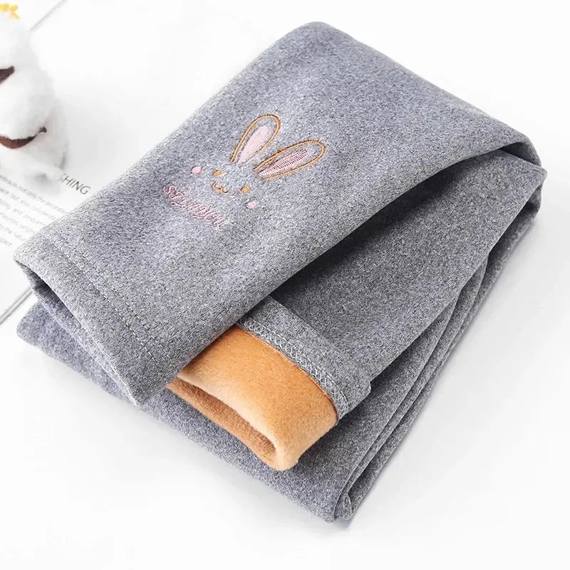 Autumn Winter Baby Girls Leggings Thick Warm Cute Rabbit Pants Kid Girl Plus Velvet Pants Children Solid Trousers 2-8Years Lonzaro Kids