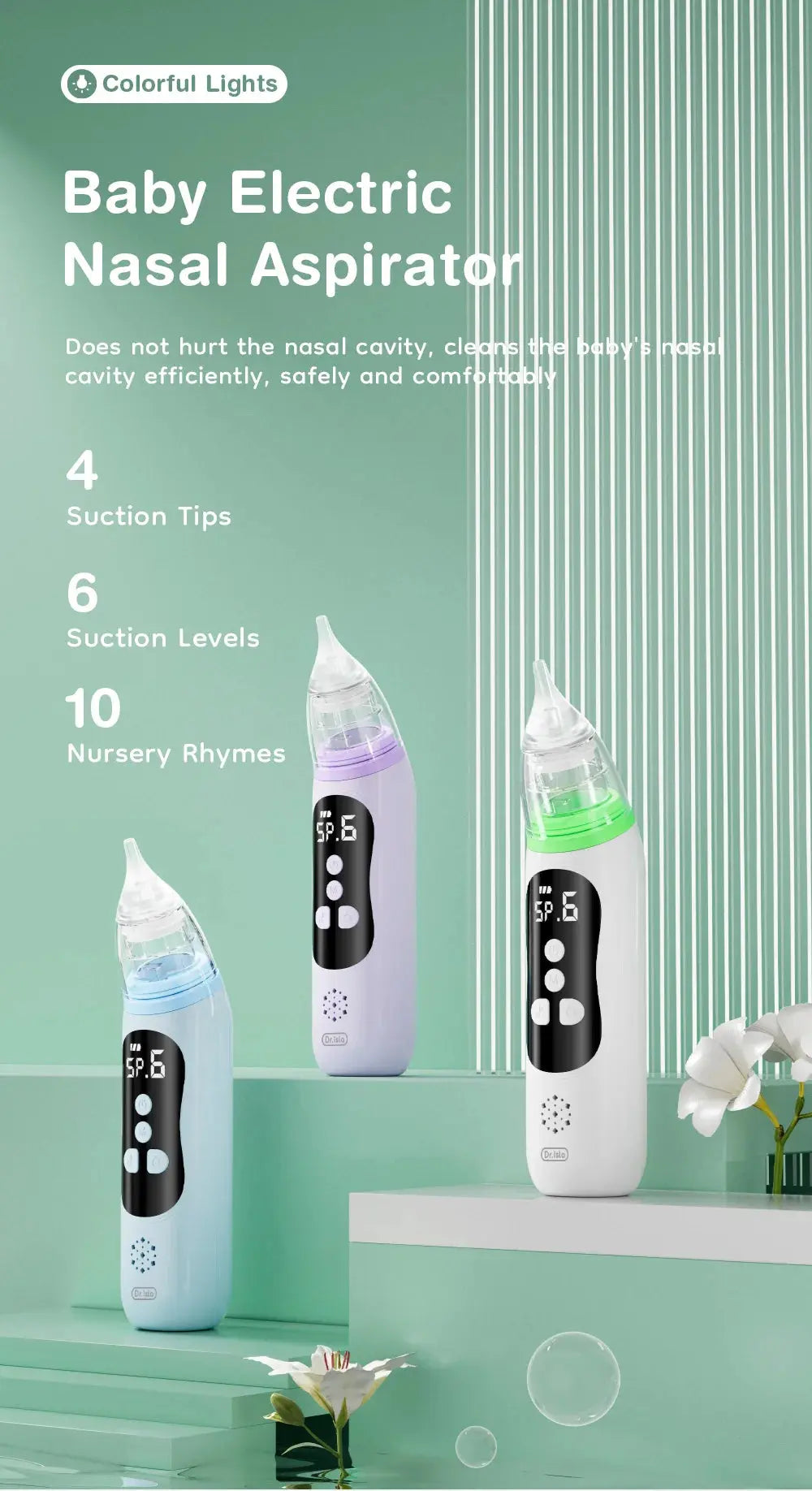 Dr.isla Baby Electric Nasal Aspirator Nose Suction Device with Food Grade Silicone Mouthpiece 6 Suction Modes and Soothing Music Lonzaro Kids