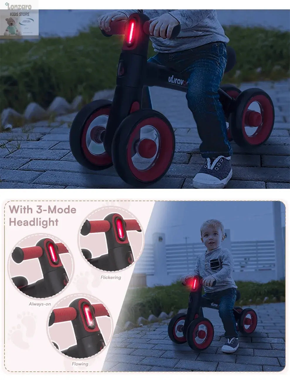 Sliding Balance Bike - 3-Mode Headlight & 4 Transparent Silence Wheels, Ideal Ride-On Toy for Birthday and Early Learning Lonzaro Kids