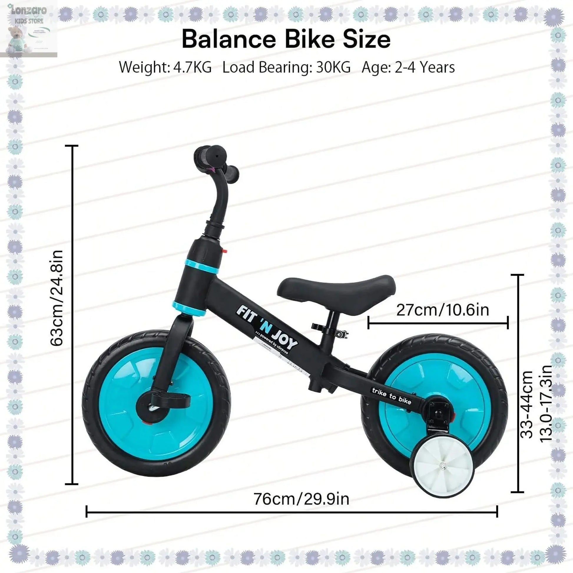 UBRAVOO Fit 'n Joy Beginner Toddler Training Bicycle for Boys Girls 2-4, 4-in-1 Kids Balance Bike with Pedals & Training Wheels Lonzaro Kids