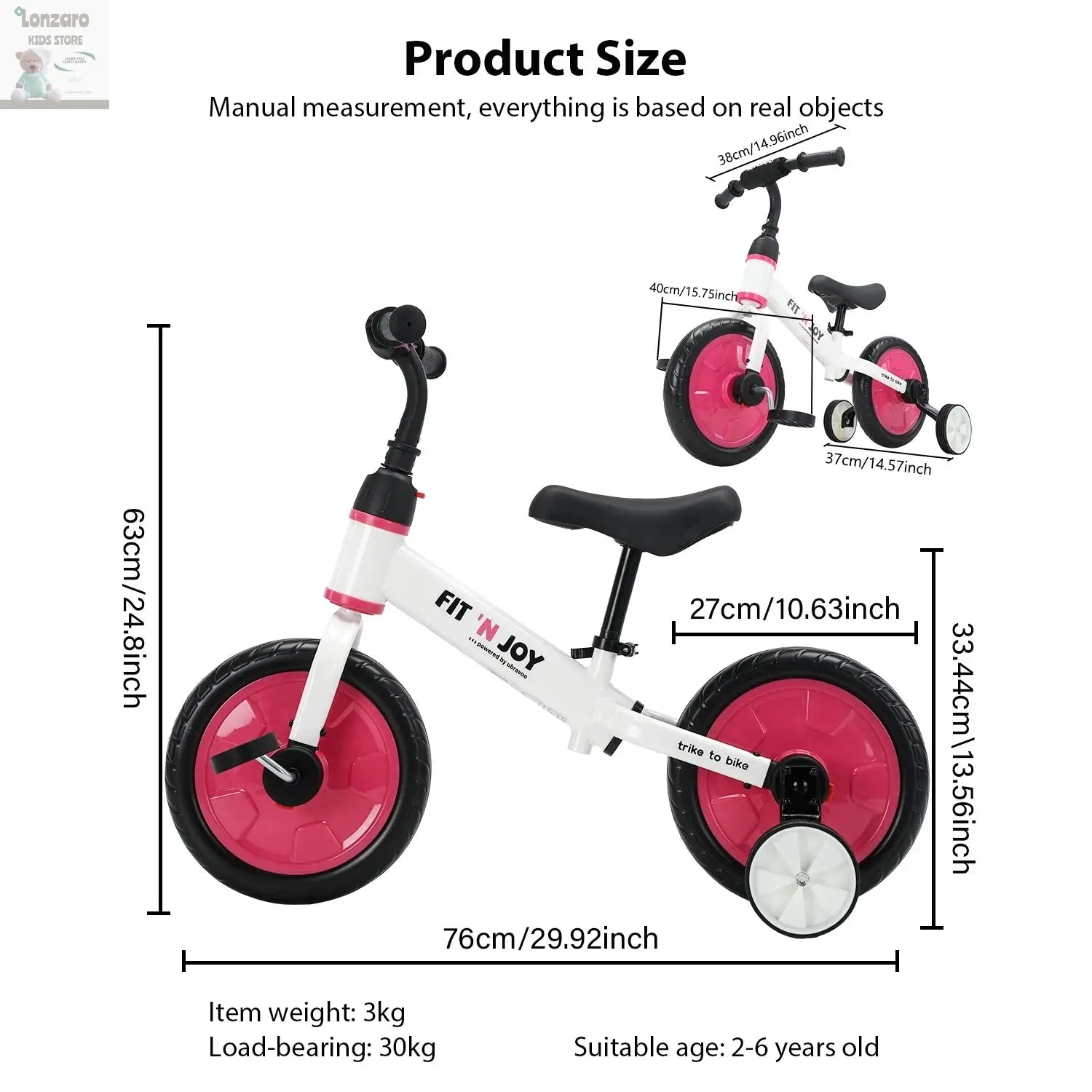 UBRAVOO Fit 'n Joy Beginner Toddler Training Bicycle for Boys Girls 2-4, 4-in-1 Kids Balance Bike with Pedals & Training Wheels Lonzaro Kids