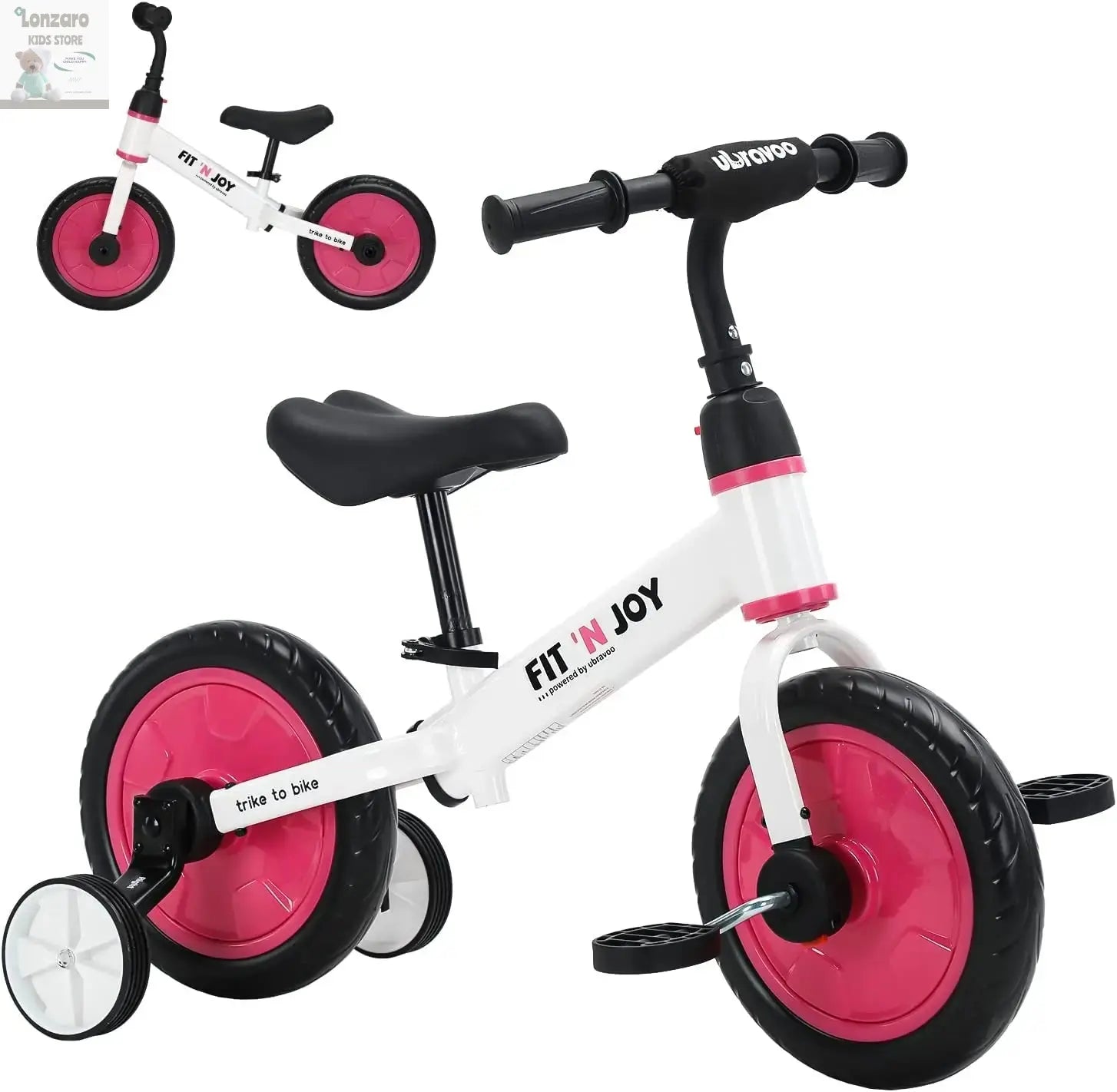 UBRAVOO Fit 'n Joy Beginner Toddler Training Bicycle for Boys Girls 2-4, 4-in-1 Kids Balance Bike with Pedals & Training Wheels Lonzaro Kids
